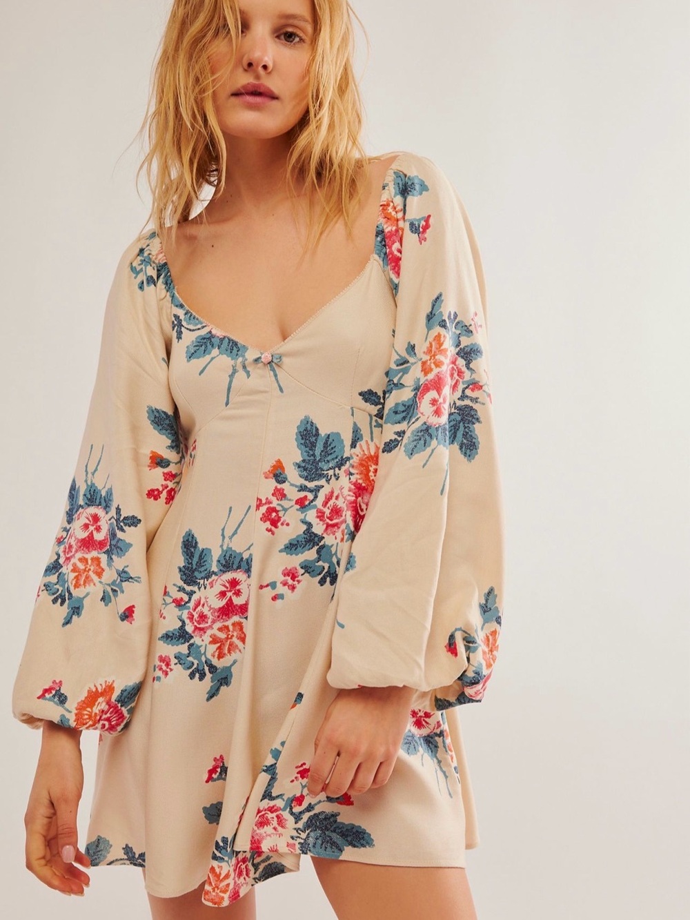 Free People Francesca Mini Dress L Cream Floral Balloon Sleeve Boho